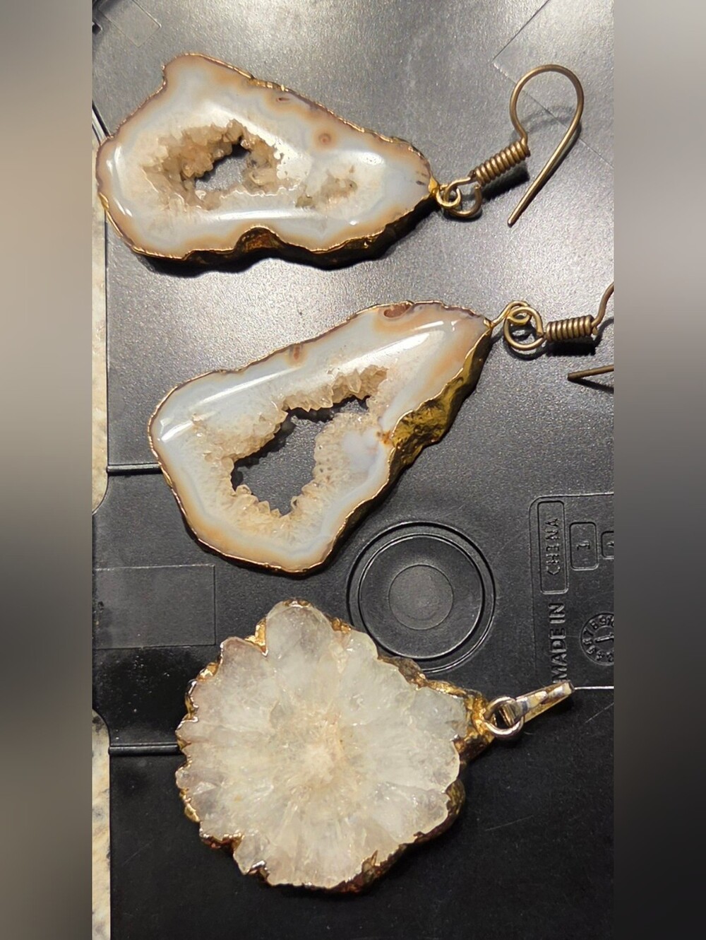 Gold-Trim White Agate Geode Drop Earrings